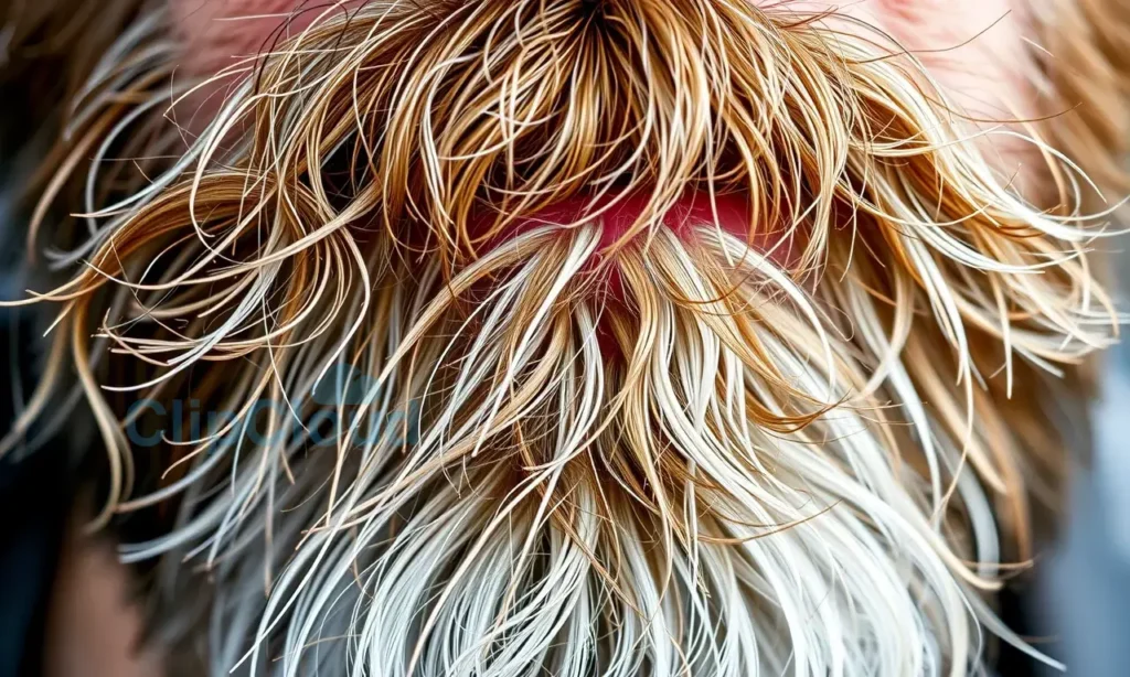 A close-up, detailed image of a man's beard showing signs of aging: some strands are thin and brittle, others are dull and lack shine. The beard should have a natural, realistic texture. Focus on the texture and condition of the hair.