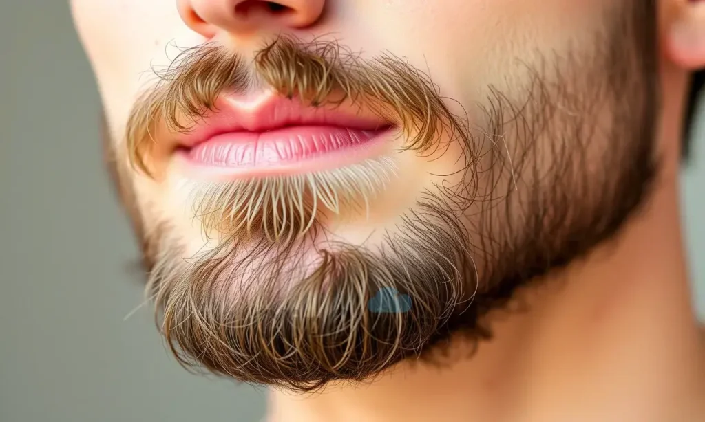 Close-up image of a man's face with a well-groomed beard. Focus on the skin underneath the beard, showing healthy, hydrated skin. The beard should be neatly trimmed and styled. Soft, natural lighting.