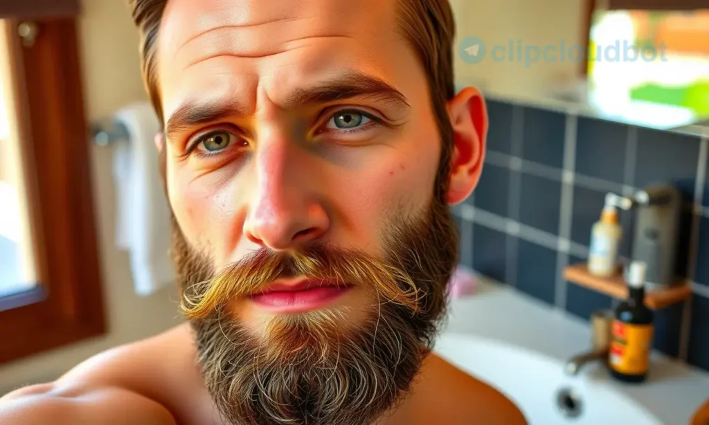 A well-groomed man with a neat beard in a hot summer environment, showing clean, hydrated facial hair without sweat stains or odor signs, standing near a sink with grooming products like beard oil and comb nearby, natural daylight, realistic skin texture, calm and fresh atmosphere