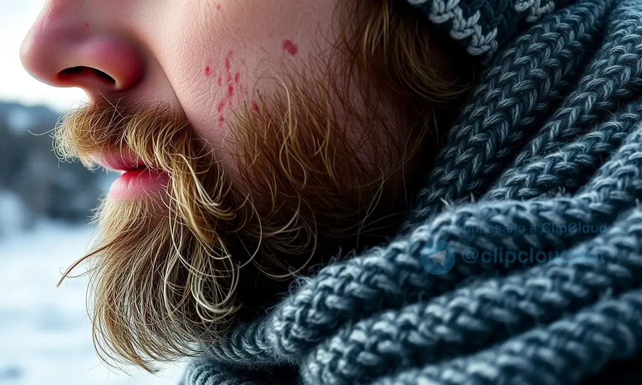A close-up of a man's face with a beard, his skin visibly irritated and reddened from wind and cold. He is wearing a warm woolen scarf and a knitted beanie, with a gentle wind blowing. The background is a snowy landscape. The image conveys protective measures such as layering, using a beard balm, and keeping the beard clean.