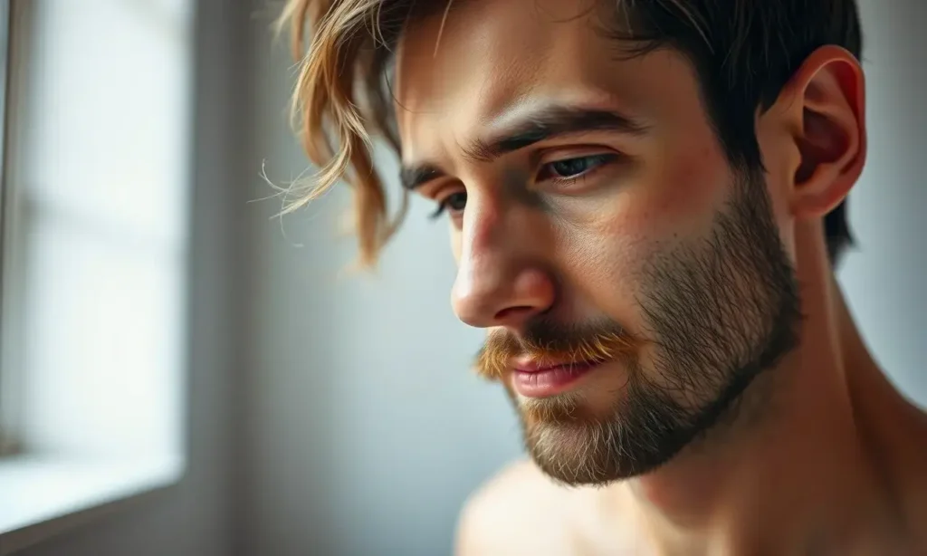 A man with a beard showing natural hair shedding in small clumps, with some hairs falling gently around his face, in a well-lit, calm bathroom setting, realistic skin texture, natural lighting, no text or numbers