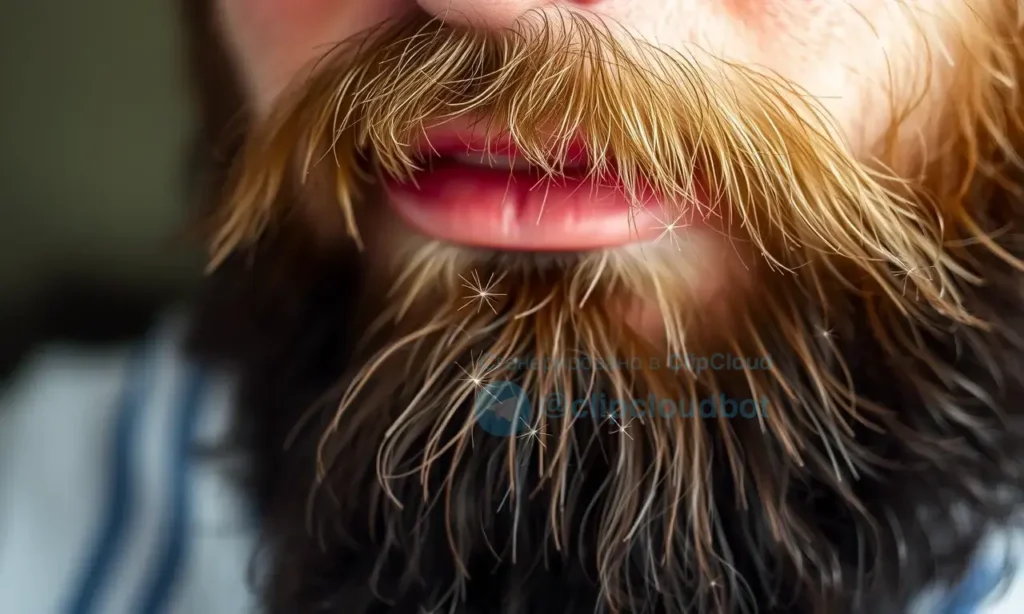 A close-up, detailed image of a man's beard with static electricity visibly forming small, sparkling particles. The beard is thick and full, with a slightly textured appearance. The background is blurred, suggesting a focus on the beard. The lighting should highlight the static particles and the texture of the beard.