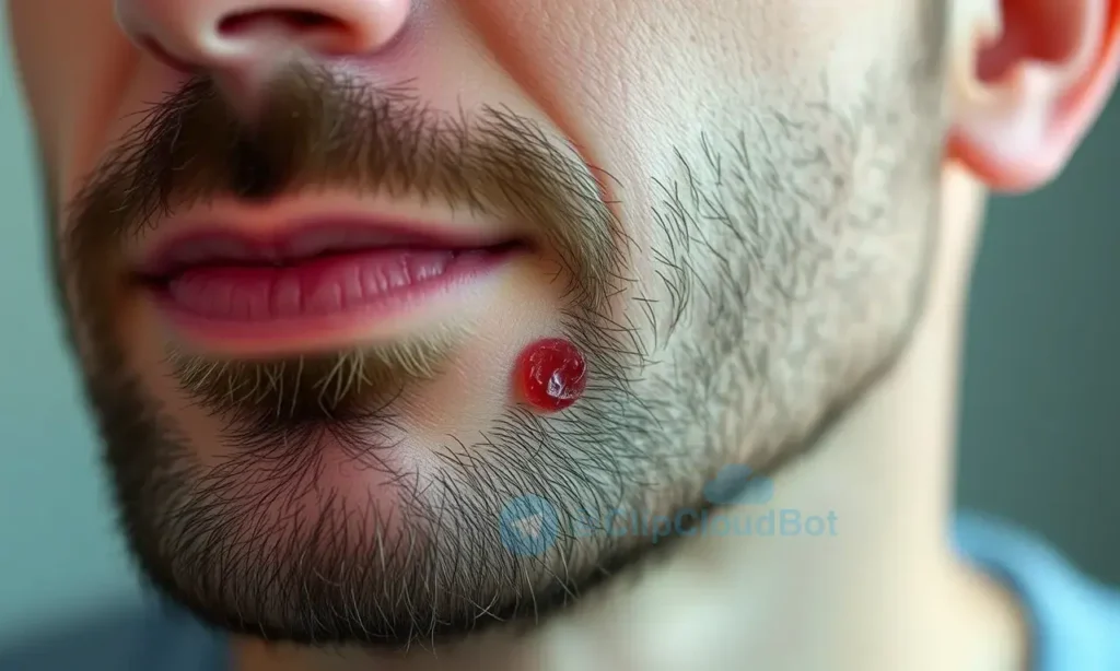 Close-up image of a man's chin and upper beard area. Focus on the skin texture and a small, red, irritated patch. Soft, natural lighting.