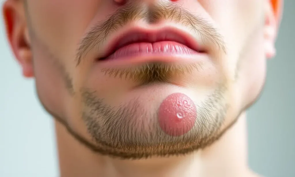 A close-up photo of a man's face with a red, slightly irritated skin around his beard area. The skin shows signs of redness and minor inflammation. Focus on the skin texture and the redness.