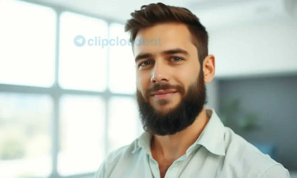 A man with a well-groomed beard is standing in a bright, airy room with large windows. He is wearing a light-colored, breathable shirt. The background is blurred, suggesting a focus on the man and his beard. The overall mood is clean, fresh, and relaxed.