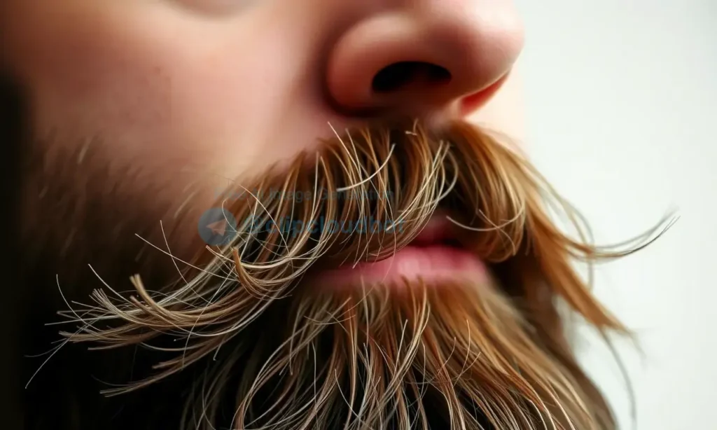 A close-up photo of a man's beard growing in an unusual direction, slightly askew. Focus on the texture and detail of the beard.