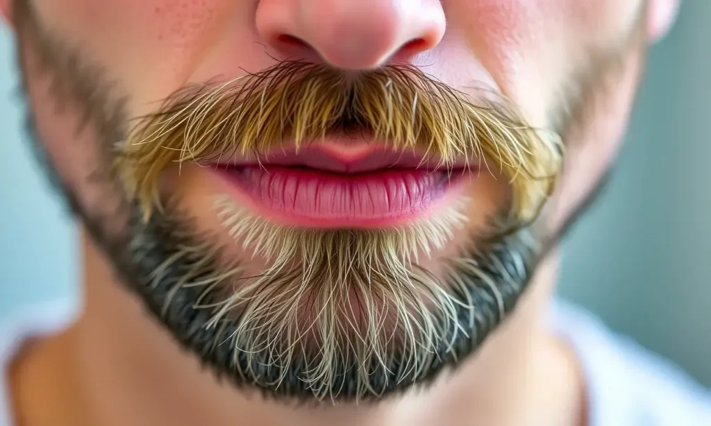 Close-up image of a man's face with a neatly trimmed beard. Focus on the skin under the beard, showing a slight redness or irritation. The lighting should highlight the texture of the skin and beard.