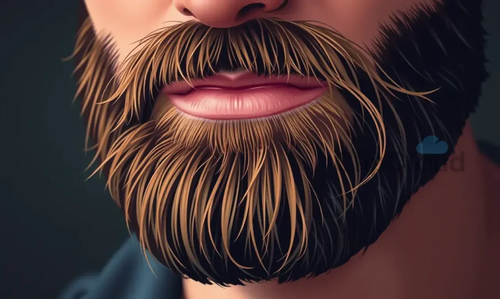 A close-up, detailed illustration of a man's beard with subtle hints of oiliness and texture. The beard is styled neatly, and the lighting emphasizes the natural variations in its color and density. Focus on the texture and realistic depiction of the hair.