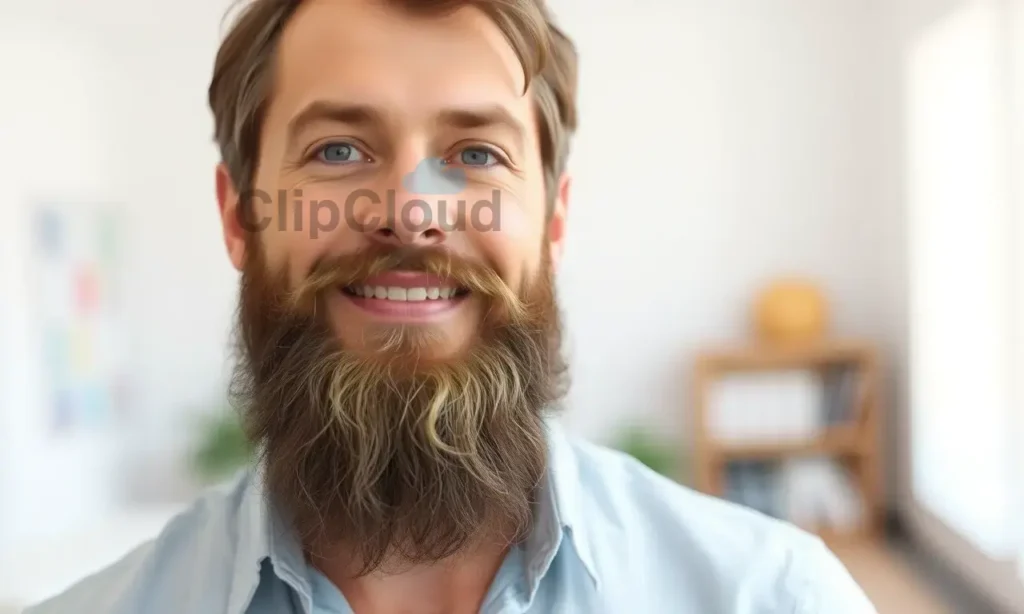 A man with a well-groomed beard is standing in a bright, airy room. He is wearing a light-colored, breathable shirt. He has a subtle, confident smile. The background is blurred, suggesting a focus on the man and his beard. The overall mood is fresh and clean.