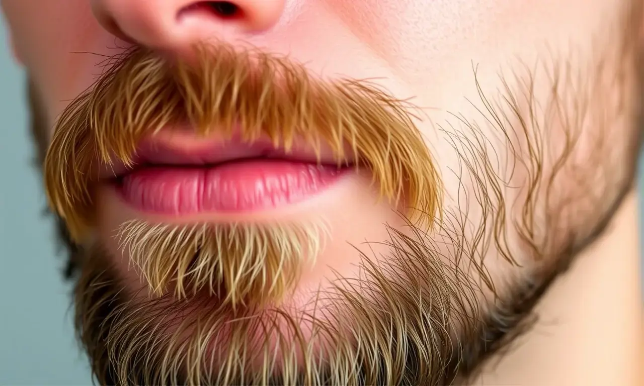 Close-up image of a man's face with a neatly trimmed beard. Focus on the skin under the beard, showing a slight redness or irritation. The lighting should be soft and natural, highlighting the texture of the skin.