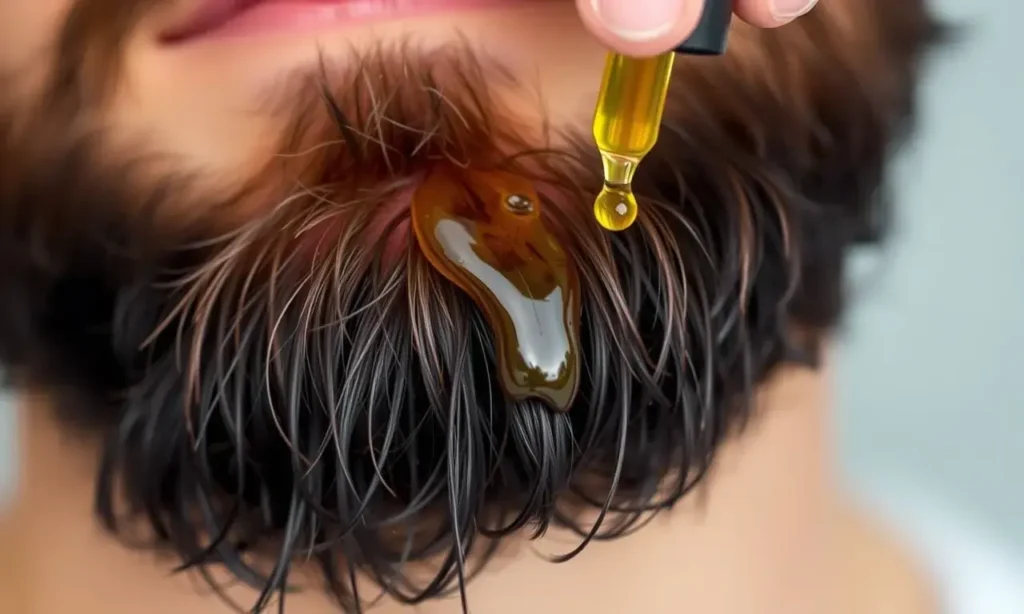 A close-up image showing a man's beard with a few drops of hair oil being applied to it. The beard should be well-groomed and healthy-looking. The oil should be a clear, golden color. Focus on the texture of the beard and the application of the oil.