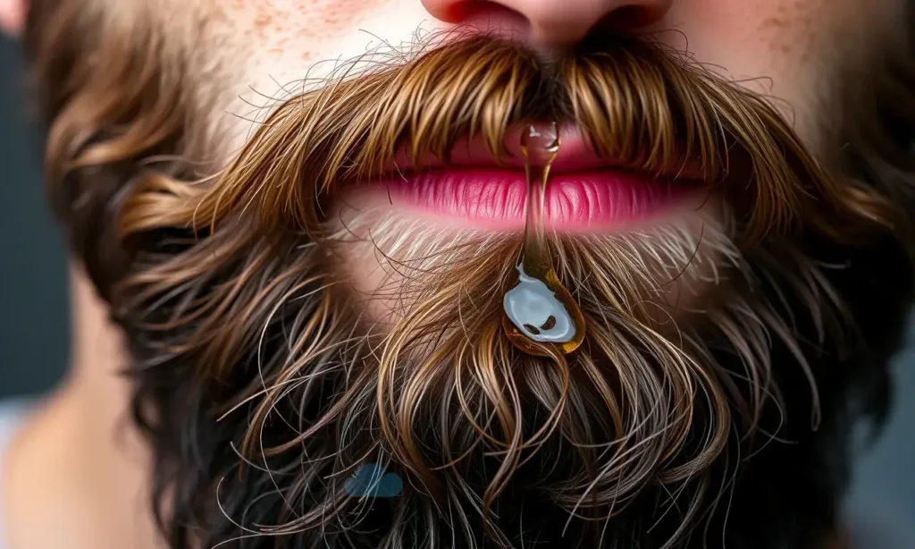 A close-up, detailed image of a man's beard with a few drops of hair oil applied. The beard should be well-groomed and healthy-looking. Focus on the texture of the beard and the oil glistening on the hair.