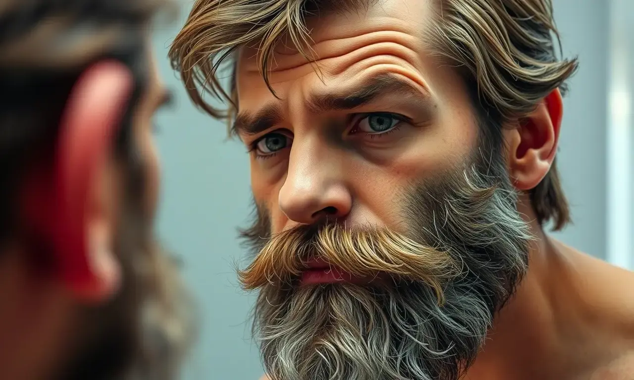 A close-up portrait of a man with a messy, unkempt beard that has lost its shape, with wax flakes visible in the facial hair, looking slightly frustrated in a bathroom mirror, soft natural lighting, high quality, photorealistic