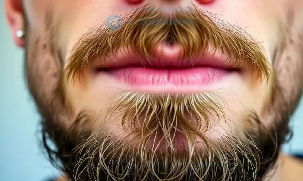 Close-up image of a man's chin and upper beard area. The beard is slightly unkempt, showing some dryness and potential itchiness. Focus on the skin texture and subtle redness around the beard. Soft, natural lighting.