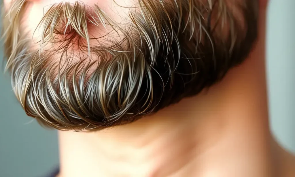 A close-up, detailed image of a well-groomed beard with a subtle sheen, suggesting cleanliness. The beard is styled neatly, and the skin underneath is visible, appearing healthy and clear. Focus on the texture and individual hairs.