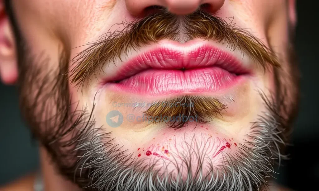 A close-up image depicting a man's face after trimming his beard and shaping the contours. The skin should appear slightly dry and red, with visible pores. Focus on the texture of the skin and the aftermath of the grooming process.