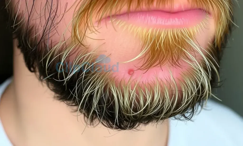 A close-up photo of a man's beard with ingrown hairs, showing redness and small bumps. The beard is slightly unkempt but not overly wild. Focus on the texture of the skin and the ingrown hairs.