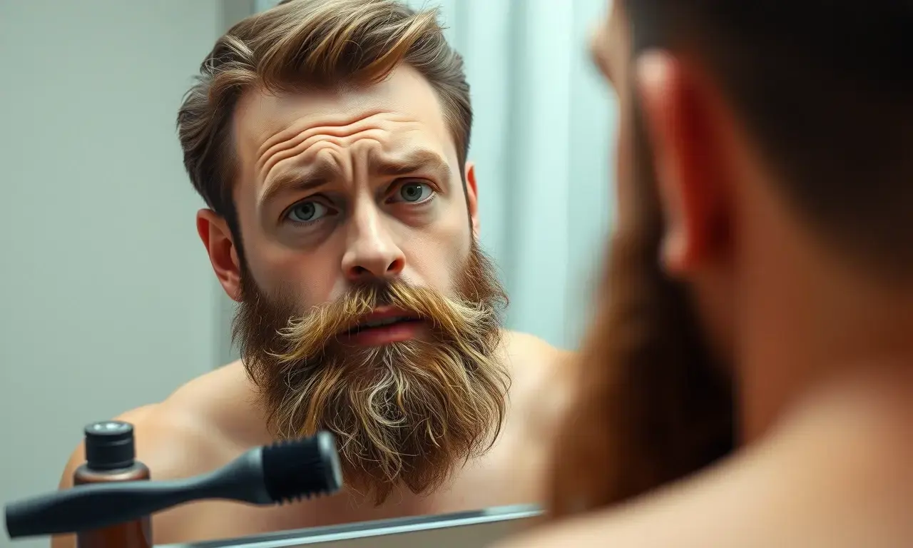 Close-up of a man's face looking frustrated in a bathroom mirror, his beard appearing messy and unkempt despite a hairbrush and styling products sitting on the counter, soft indoor lighting, photorealistic