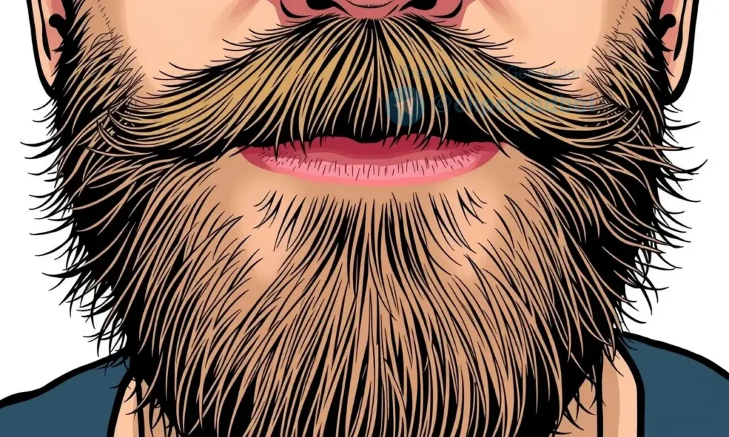A close-up, detailed illustration of a man's beard growing in an unusual direction, with visible hair follicles and texture. Focus on the asymmetry and the unexpected growth pattern.