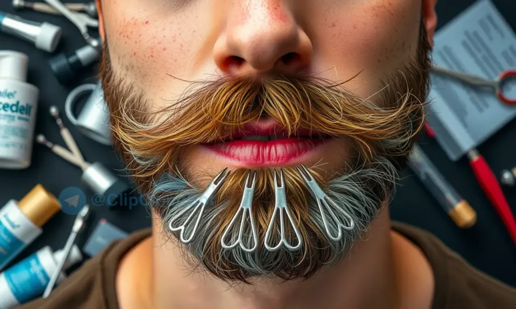 A close-up photo of a man's face showing a beard that grows in an unusual direction, with visible surgical tools and cosmetic products scattered around. Focus on the beard's direction and the tools/products used for correction.