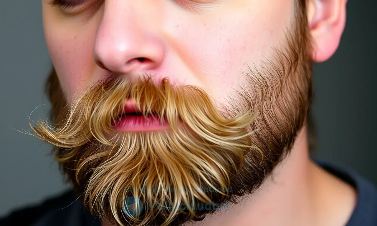 A close-up photo of a man's face with a beard that grows in an unusual direction, slightly askew. Focus on the texture of the beard and the man's expression.