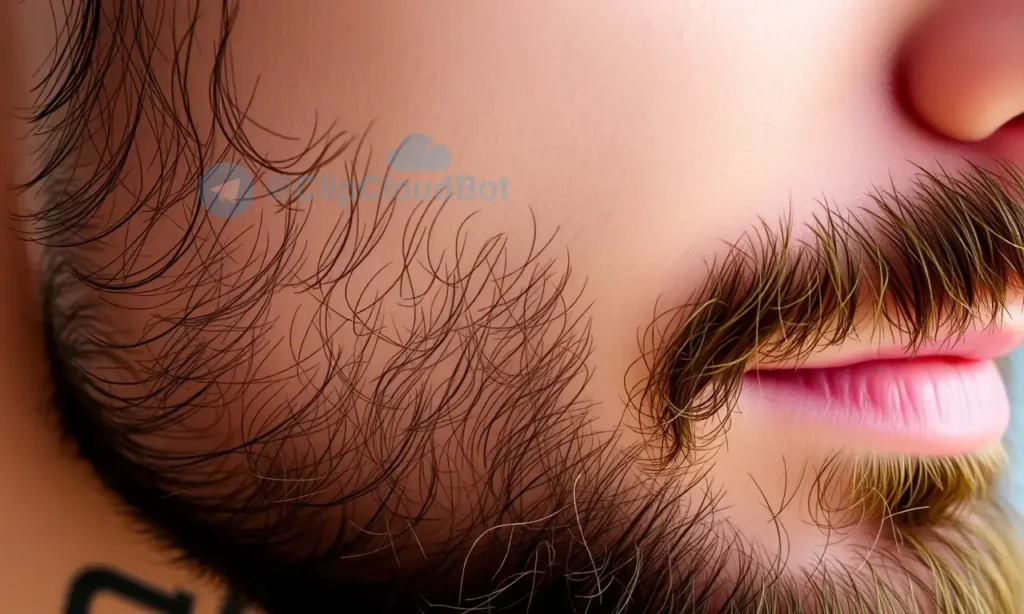 Close-up image of a man's face with a well-groomed beard. Focus on the skin beneath the beard, showing texture and pores. The skin should appear healthy and slightly moisturized. Soft, natural lighting.