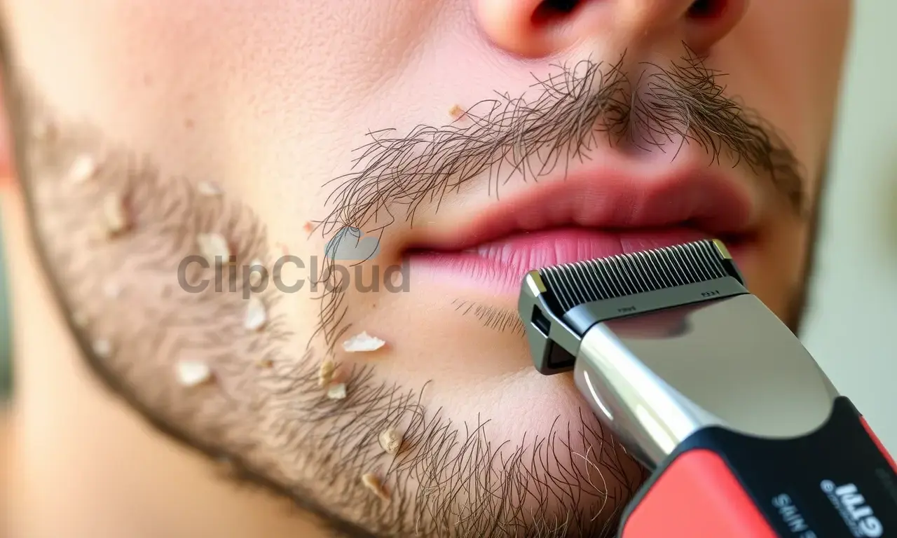 A close-up image depicting a person's face after using a trimmer and beard shaping tools. The focus is on the skin, showing signs of dryness and potential irritation. The skin should have a slightly textured appearance, highlighting the dryness. Soft, natural lighting is preferred.