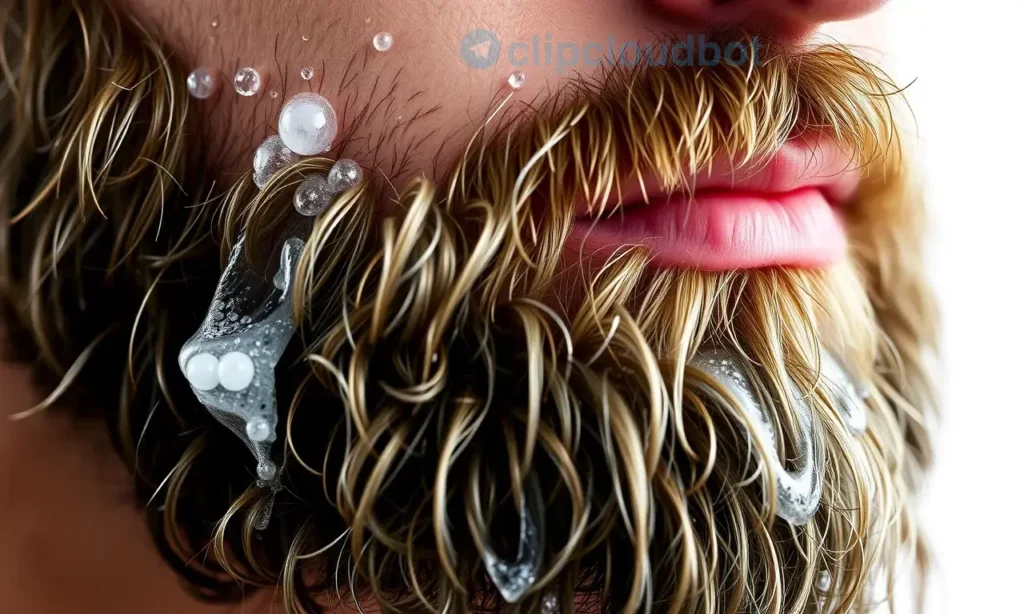 A close-up, detailed image of a man's beard. The beard is slightly damp, suggesting it has been washed with shampoo. Focus on the texture and individual hairs. The lighting should be soft and natural, highlighting the beard's natural oils and potential odor.