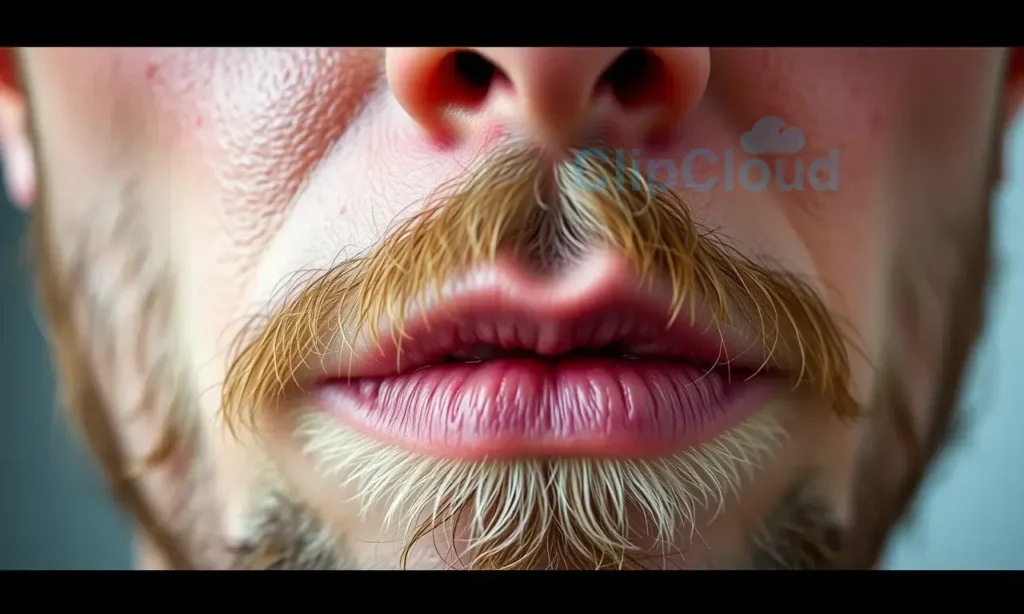 A close-up image depicting a person's face with a focus on the skin around the beard and jawline. The skin should appear slightly dry and textured, with subtle redness or irritation visible. The lighting should be soft and natural, highlighting the skin's imperfections.