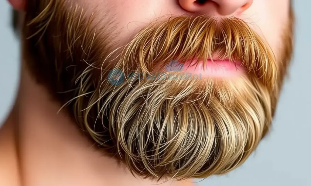 A close-up, realistic portrait of a man's beard showing a natural gradient: the roots are a deep, rich brown while the tips gradually lighten to a lighter brown or ash tone. The beard is well-groomed, slightly textured, and the lighting highlights the subtle color transition. The background is neutral and blurred to keep focus on the beard. No text, letters, or digits are present.