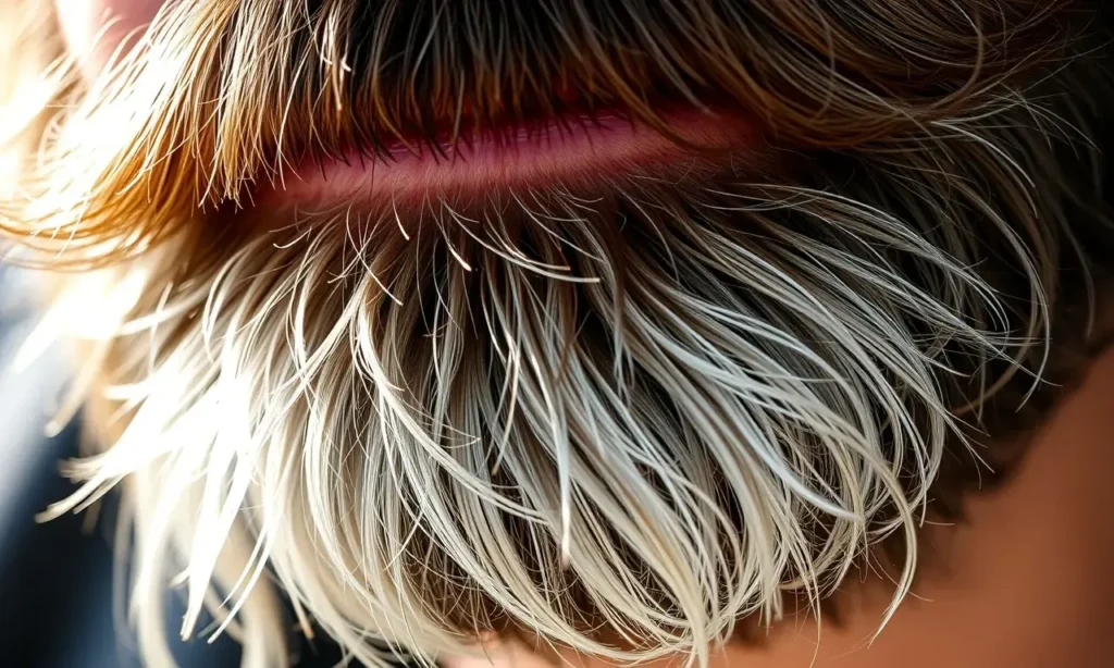 A close‑up of a man's beard with a natural gradient: the roots are dark brown, gradually fading to a lighter, almost silver tone at the tips. Subtle environmental cues—soft rays of sunlight, a faint breeze, and a hint of moisture—are suggested around the beard to illustrate external factors influencing the color change. No text, letters, or digits are present in the image.
