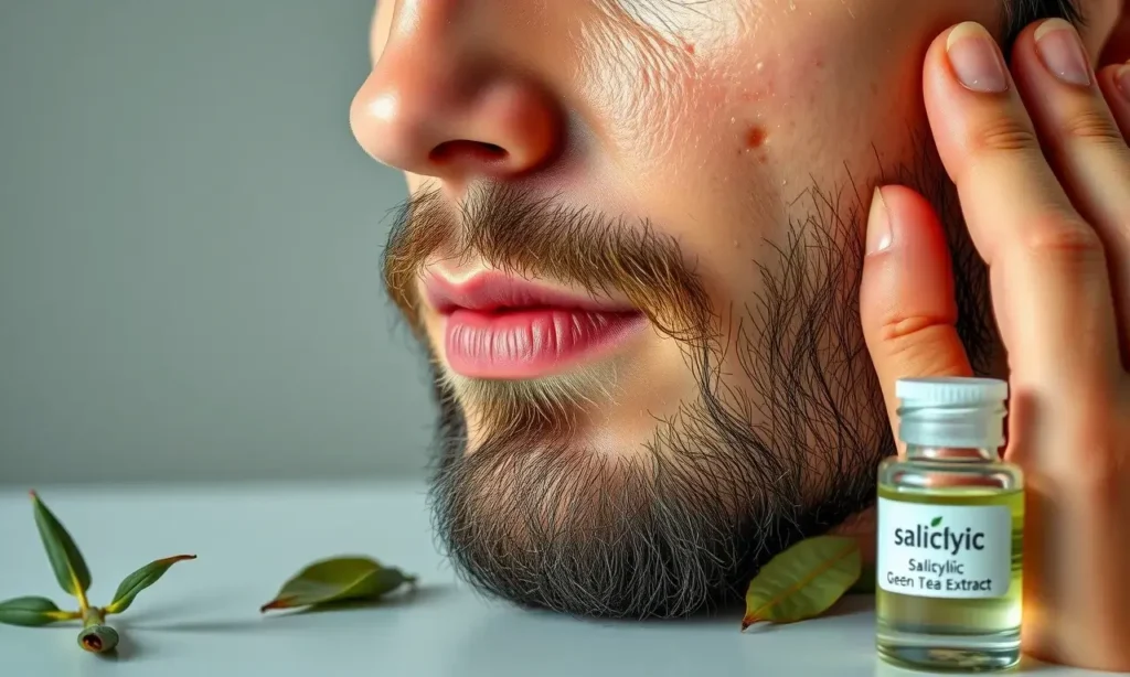 A realistic close-up of a man's face with a well-groomed beard, showing slightly oily, glossy skin under the beard area. The man is gently applying a light, non-greasy moisturizer with his fingertips, and nearby on a sleek surface are a few natural skincare ingredients such as tea tree leaves, green tea extract, and a small bottle labeled with a salicylic acid symbol. The lighting highlights the subtle shine on the skin while keeping the overall tone fresh and clean, with no visible text or bran
