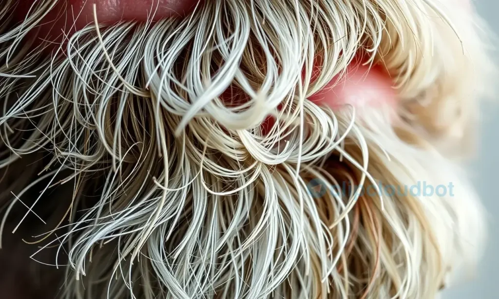 A close-up, detailed image of a mature man's beard. The beard should show signs of age – some strands are graying, and the texture is slightly brittle. The lighting should be soft and natural, highlighting the beard's texture and subtle variations in color. Focus on the beard's condition, emphasizing its lack of luster and potential fragility.