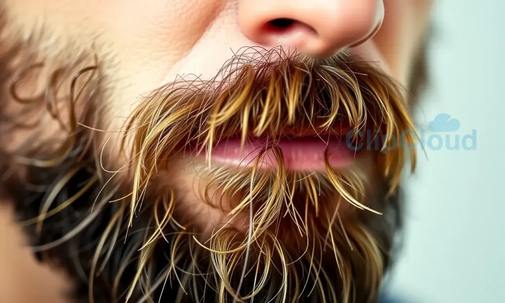 A close-up, detailed image of a man's beard with a subtle, natural sheen. The beard should appear healthy and well-groomed, with visible texture. The lighting should be soft and even, highlighting the beard's natural color and imperfections. Focus on the texture and detail of the hair.
