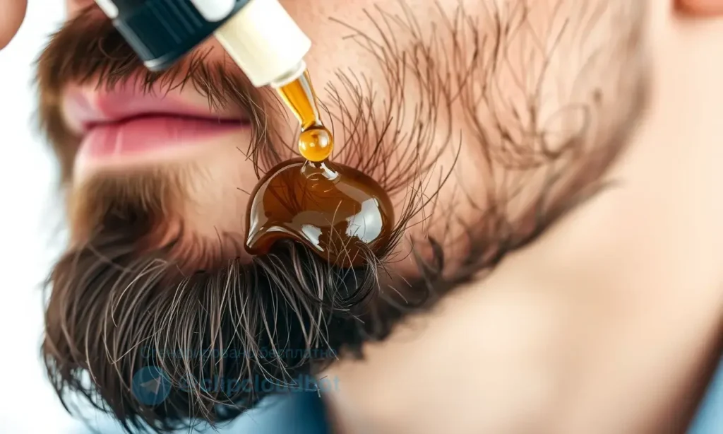 A close-up image of a man's beard with a few drops of hair oil being applied to it. The beard should be well-groomed and healthy-looking. Focus on the texture of the beard and the oil glistening on the hair.