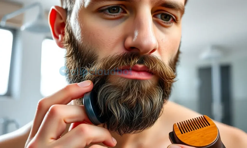A close-up portrait of a well-groomed man with a perfectly styled, neat, and shiny beard, standing in a stylish modern bathroom, applying a small amount of beard oil or balm from a wooden jar with a comb nearby, soft natural lighting, high detail, photorealistic