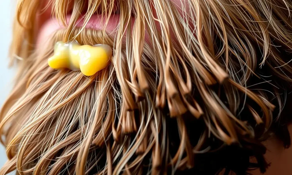 A close-up, detailed image of a person's beard with residual wax, showing the texture and the wax residue. Focus on the beard's texture and the wax's appearance.