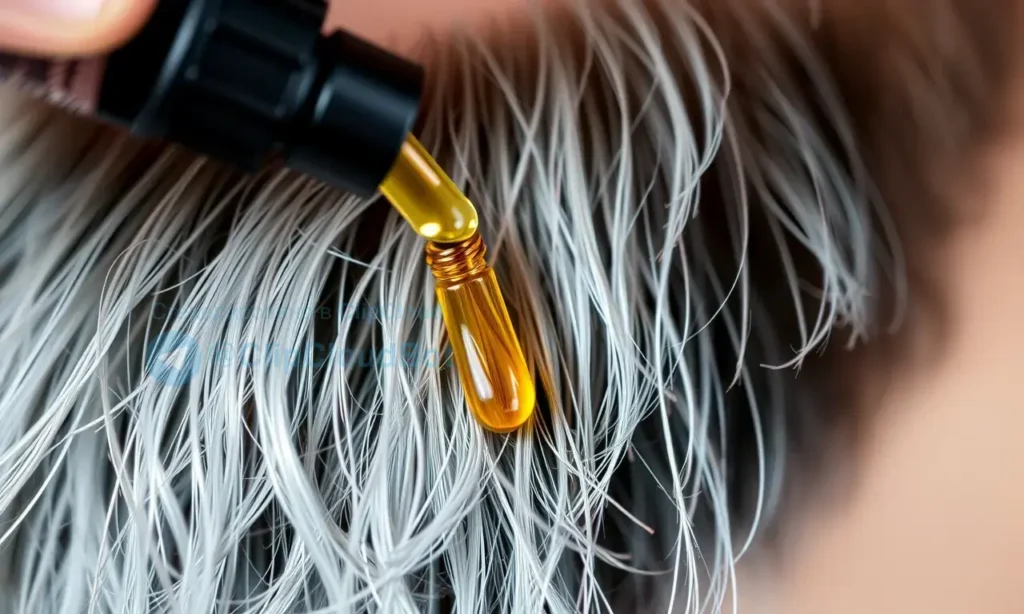 A close-up shot of a man's beard with a few drops of hair oil being applied. The beard should look healthy and well-groomed. Focus on the texture of the beard and the oil.