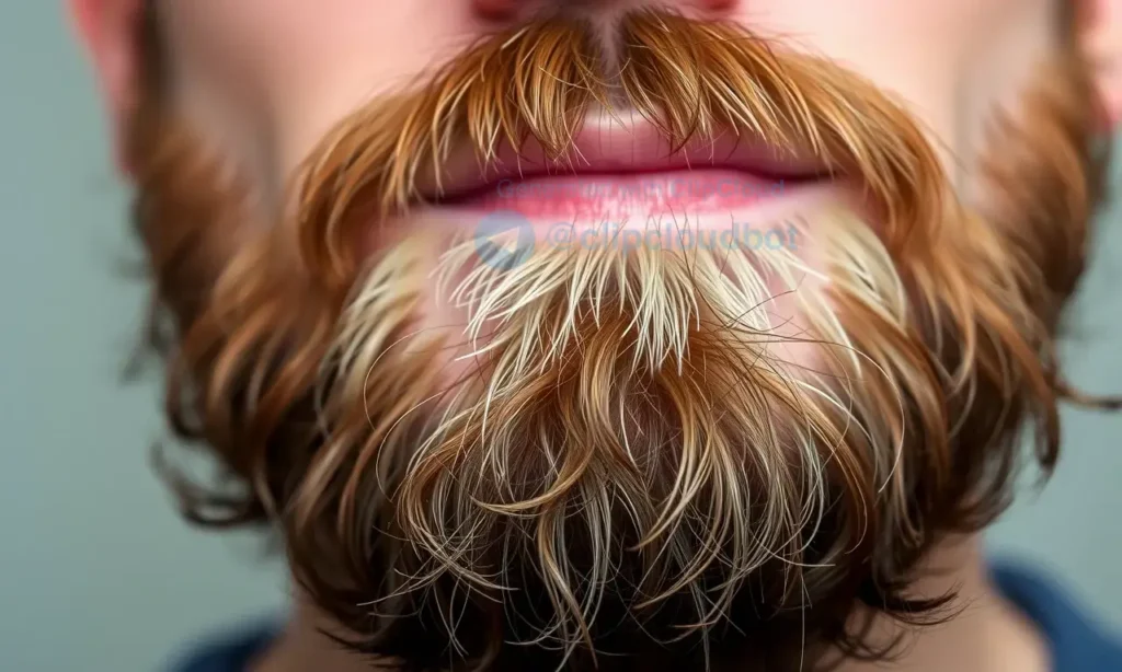 A close-up photo of a man's beard growing in an unusual direction, with visible hair follicles and texture. The beard should be slightly uneven and asymmetrical, showcasing the natural variation in growth. Focus on the details of the hair and skin.