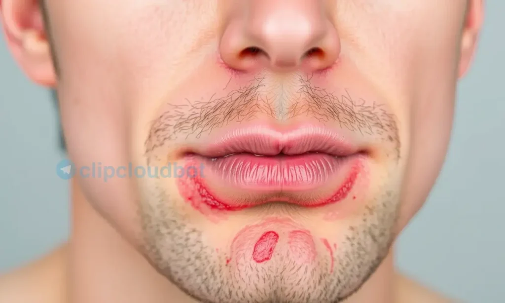 Close-up of a man's face showing a red, slightly irritated skin area on his cheek and chin. The skin should appear healthy otherwise. Focus on the redness and texture of the skin.