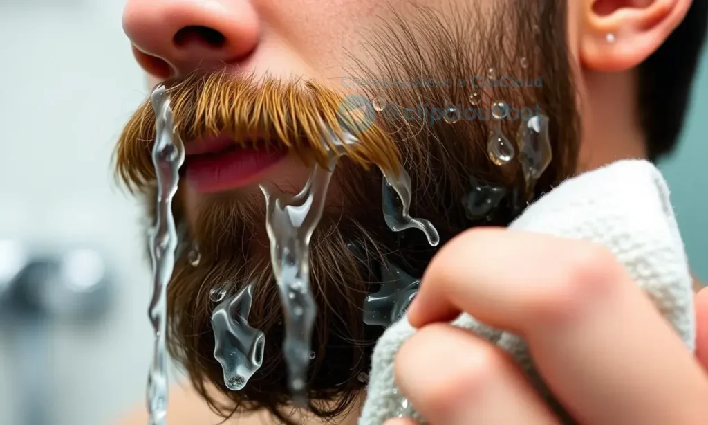 A close-up shot of a person washing their beard with warm water and a soft cloth. The focus is on the beard and the water droplets. The background is blurred and shows a bathroom setting.