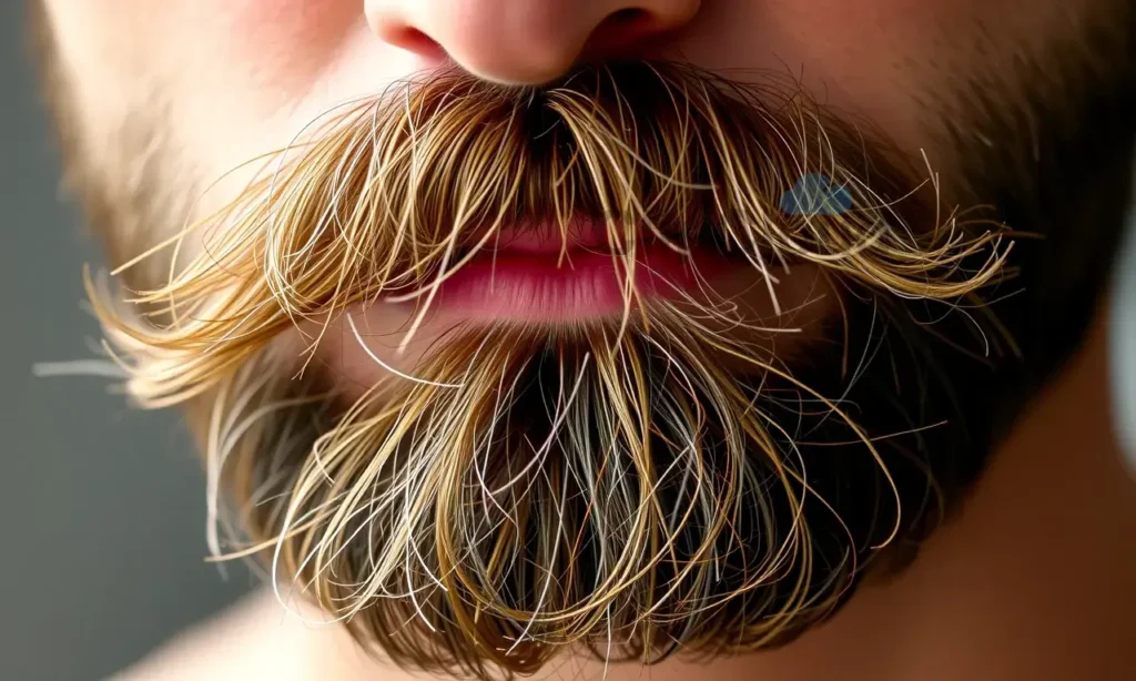 A close-up shot of a man's beard, showing strands that are slightly brittle and dull. The beard is well-groomed but appears to be losing its luster. Soft, natural lighting highlights the texture of the hair.
