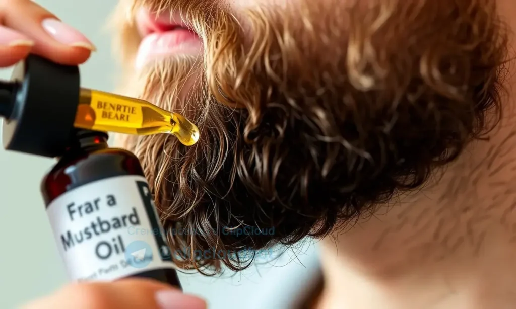 A close-up, detailed image of a man's beard being moisturized with beard oil. The beard should be thick and well-groomed. The oil bottle should be visible, with a focus on the texture of the oil being applied. Soft, natural lighting.