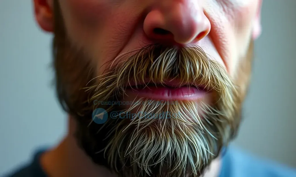 A close-up portrait of a man with a receding hairline and a beard that appears slightly dry and brittle. The lighting should be soft and natural, highlighting the texture of the beard. Focus on the beard's condition, showing its lack of shine and potential fragility.