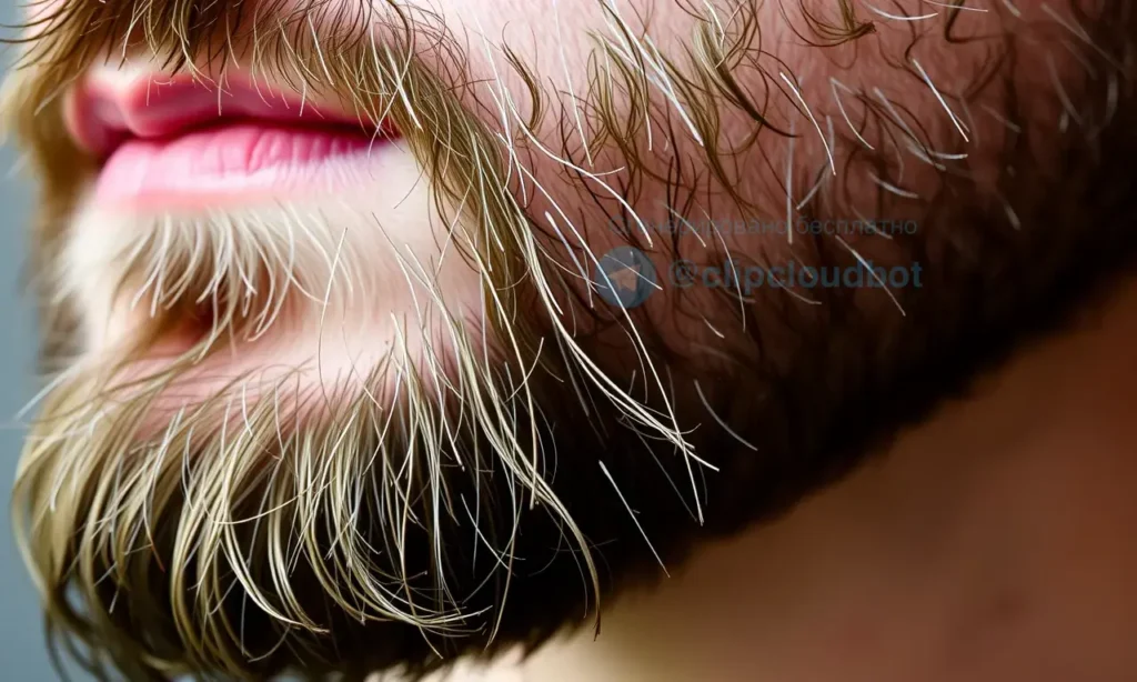 A close-up, detailed image of a man's beard. The beard is slightly damp, suggesting it has recently been washed. The focus is on the texture and health of the beard, with visible hairs and a natural appearance. Soft, diffused lighting highlights the beard's details.