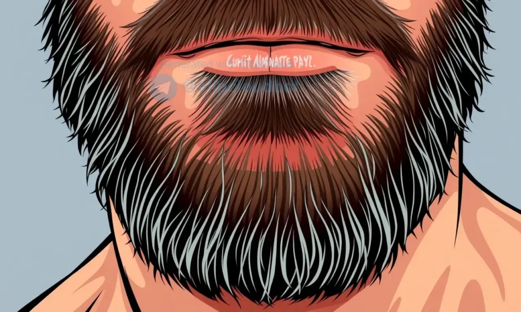 A close-up, detailed illustration of a man's beard, showing the texture and individual hairs. The beard has a slightly oily sheen, suggesting natural oils. Focus on the pores and skin beneath the beard.