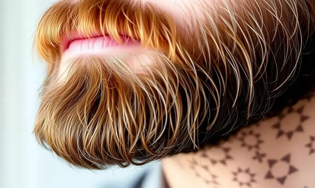 A close-up, high-quality image of a well-groomed beard with a focus on its texture and healthy appearance. The beard should be neatly trimmed and styled. The background is softly blurred, emphasizing the beard.