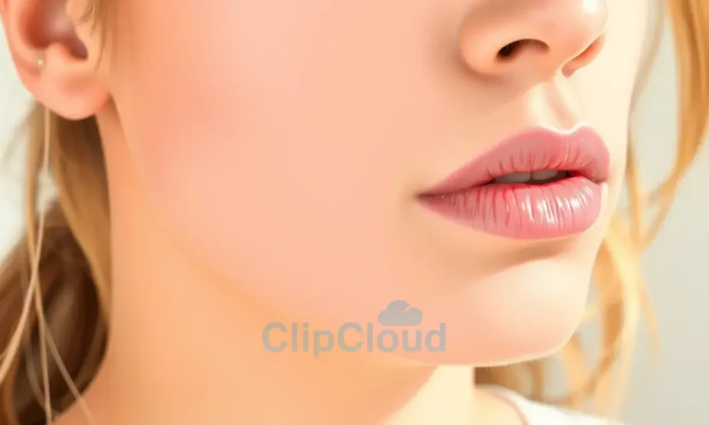 A close-up, detailed illustration of a woman's face with a visible, slightly irritated skin around her chin and jawline. The focus is on the area where the beard might have caused irritation. Soft, natural lighting.
