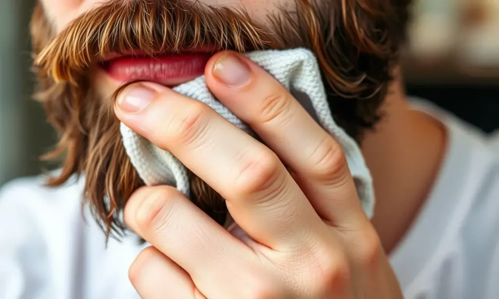 A close-up, detailed image showing a person carefully removing beard wax residue with a clean cloth. The background is softly blurred, focusing on the hands and the cloth. The lighting is soft and natural, highlighting the texture of the beard and the cloth.