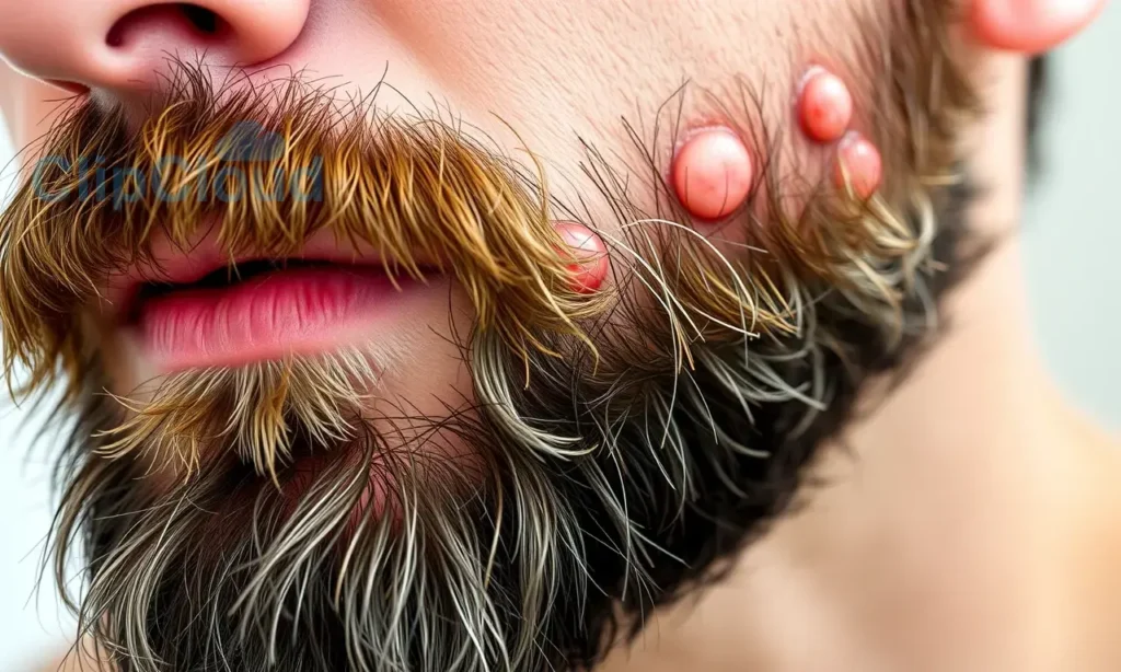 A close-up, detailed image of a man's beard with visible irritation and small, red bumps on the skin. The beard should be slightly damp, suggesting recent washing or shaving. Focus on the texture of the beard and the inflamed skin.
